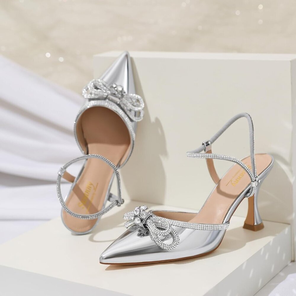 Women's Silver 1 Closed Toe Rhinestone Wedding Low Slingback Clear Kitten Heels